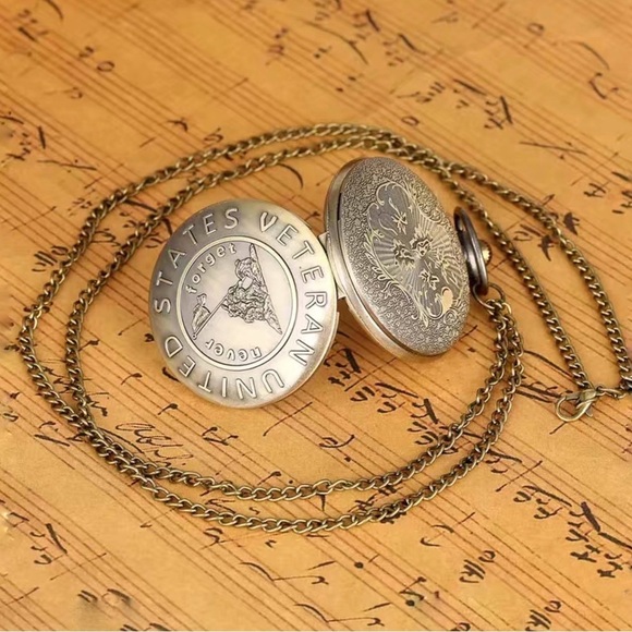 Pocket Watch with Chain Veteran Patriotic Flip Open USA Bronze Unisex Gift - Picture 10 of 16